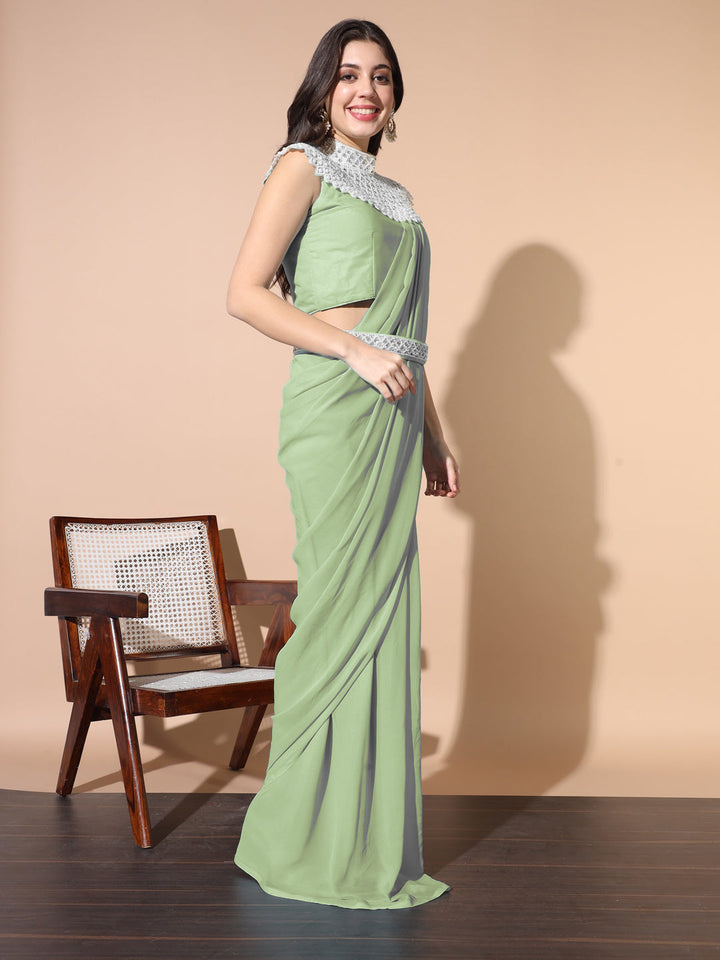 Pre-stitched Monotone Draped Saree with Pearl & Crystal Embroidered Necklace & Belt