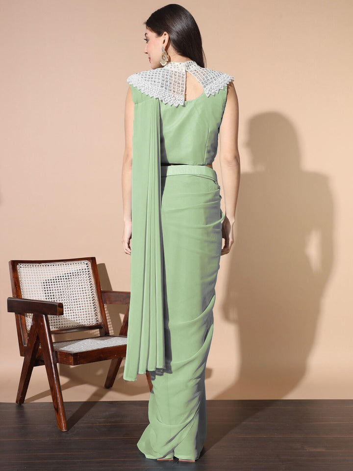 Pre-stitched Monotone Draped Saree with Pearl & Crystal Embroidered Necklace & Belt