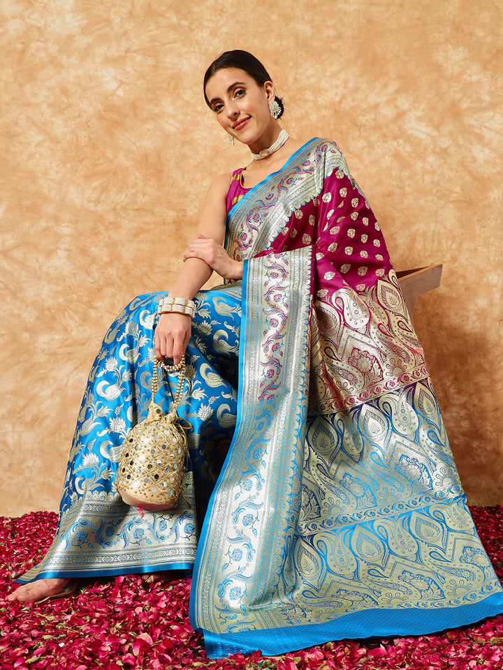 Chhabra 555 Burgundy Banarasi Pure Silk Traditional Saree & Contrast Patli Ethnic Paisley Border