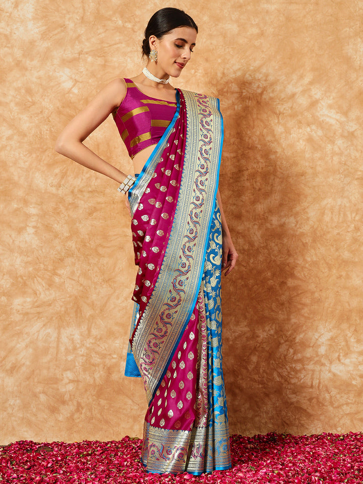 Burgundy Banarasi Pure Silk Traditional Saree & Contrast Border