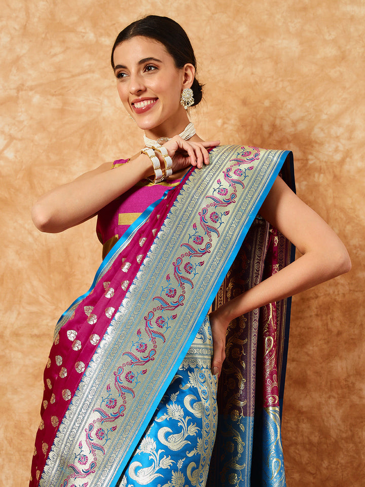 Burgundy Banarasi Pure Silk Traditional Saree & Contrast Border