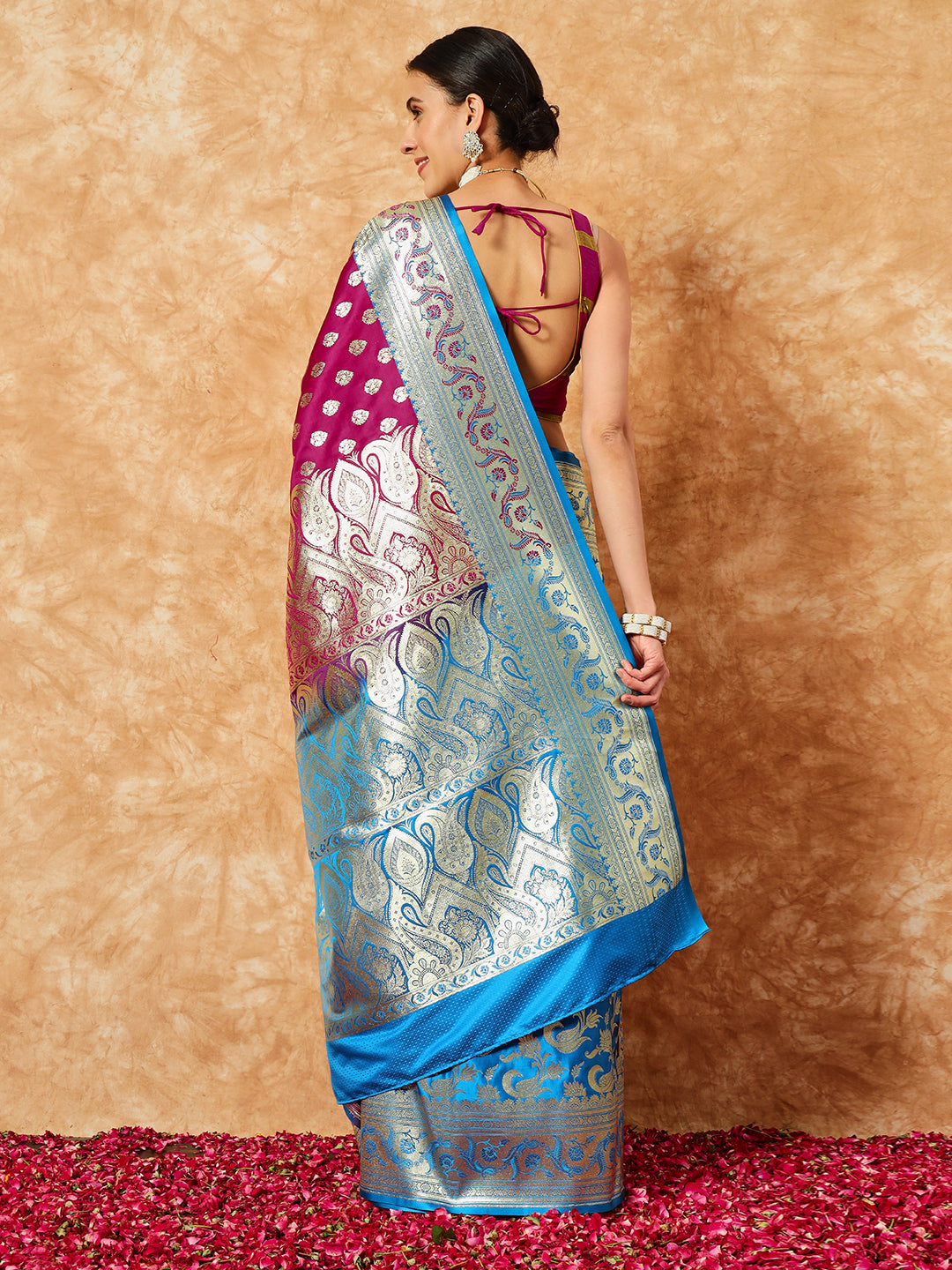 Burgundy Banarasi Pure Silk Traditional Saree & Contrast Border