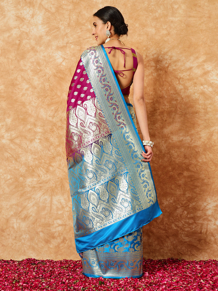 Burgundy Banarasi Pure Silk Traditional Saree & Contrast Border