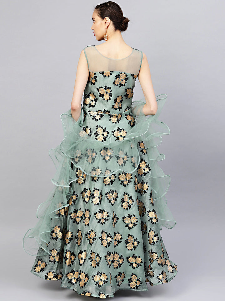 Embellished Flock Print Gown with Ruffled Dupatta
