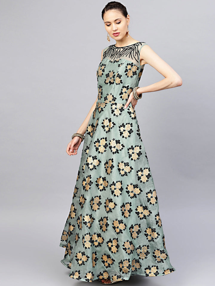 Embellished Flock Print Gown with Ruffled Dupatta