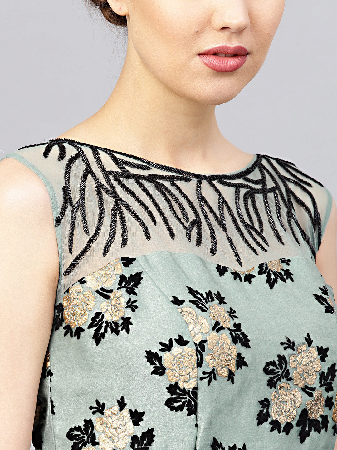 Embellished Flock Print Gown with Ruffled Dupatta