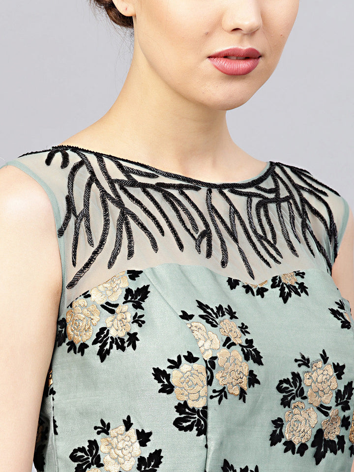 Embellished Flock Print Gown with Ruffled Dupatta