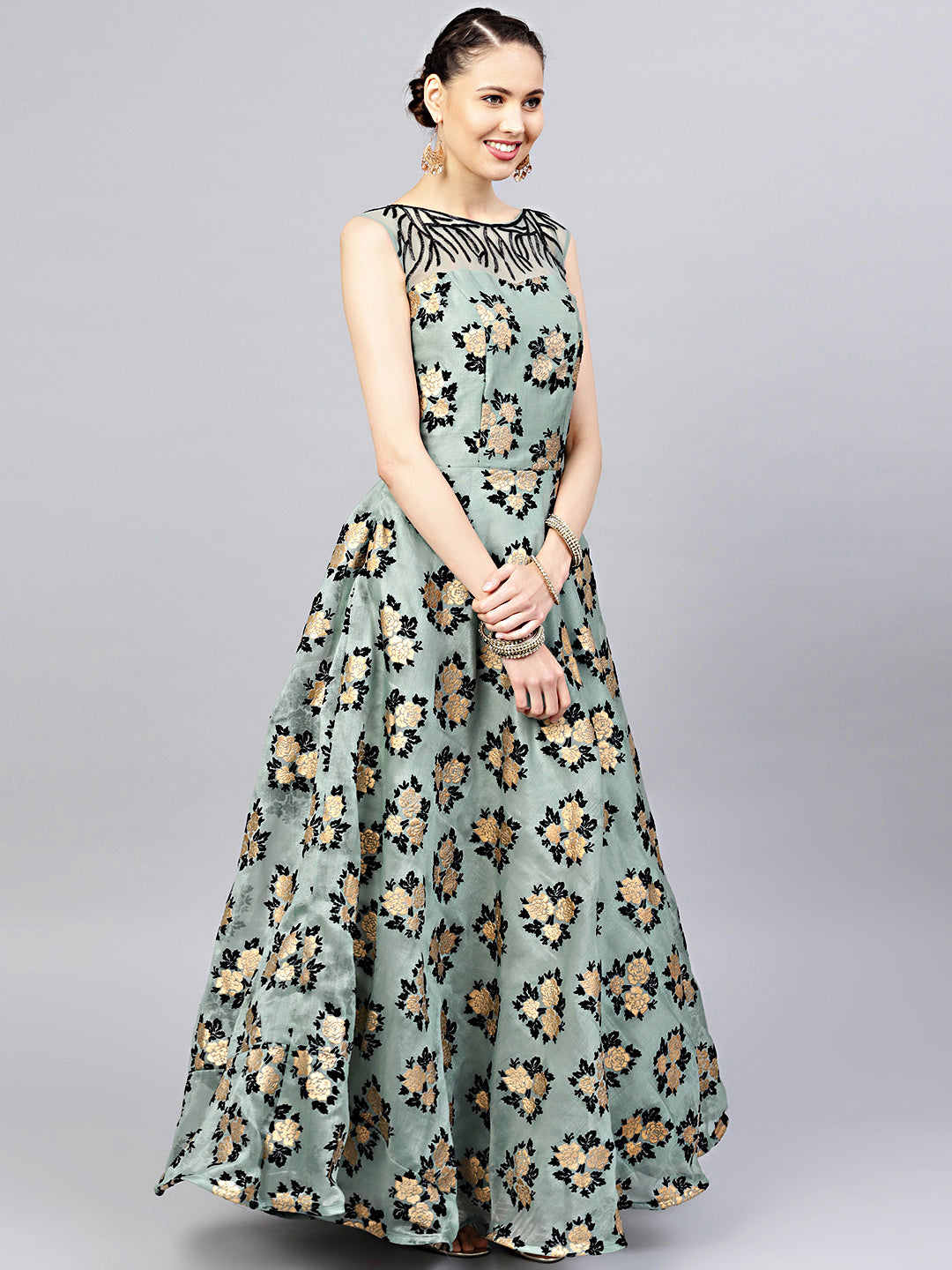 Embellished Flock Print Gown with Ruffled Dupatta