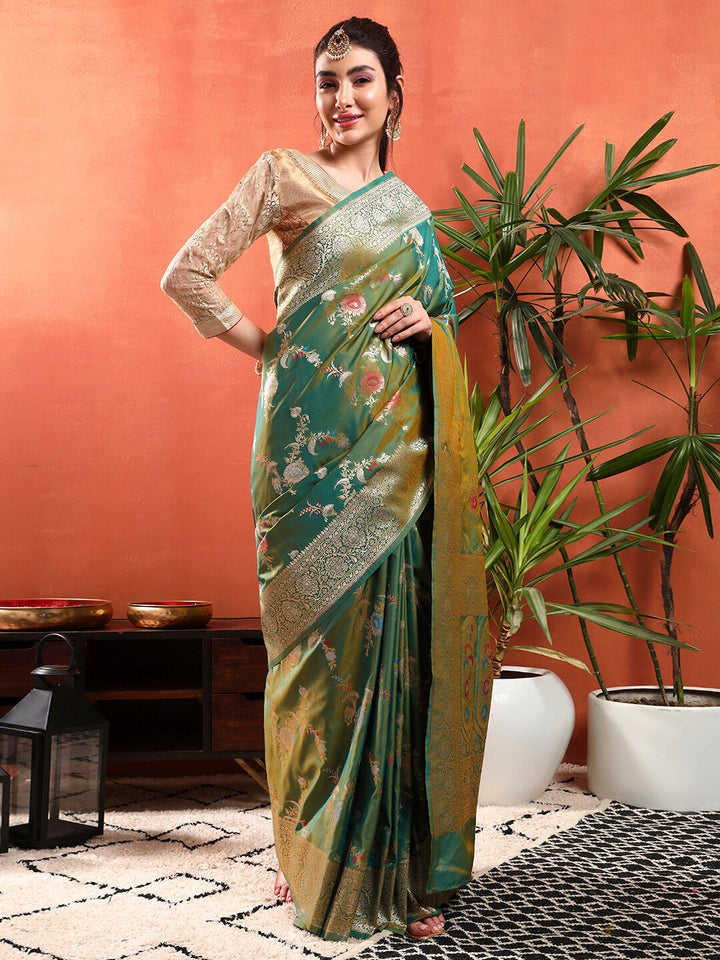Traditional Banarasi Silk Saree with Intricate Ethnic Motifs Gold & Silver Zari Weaving
