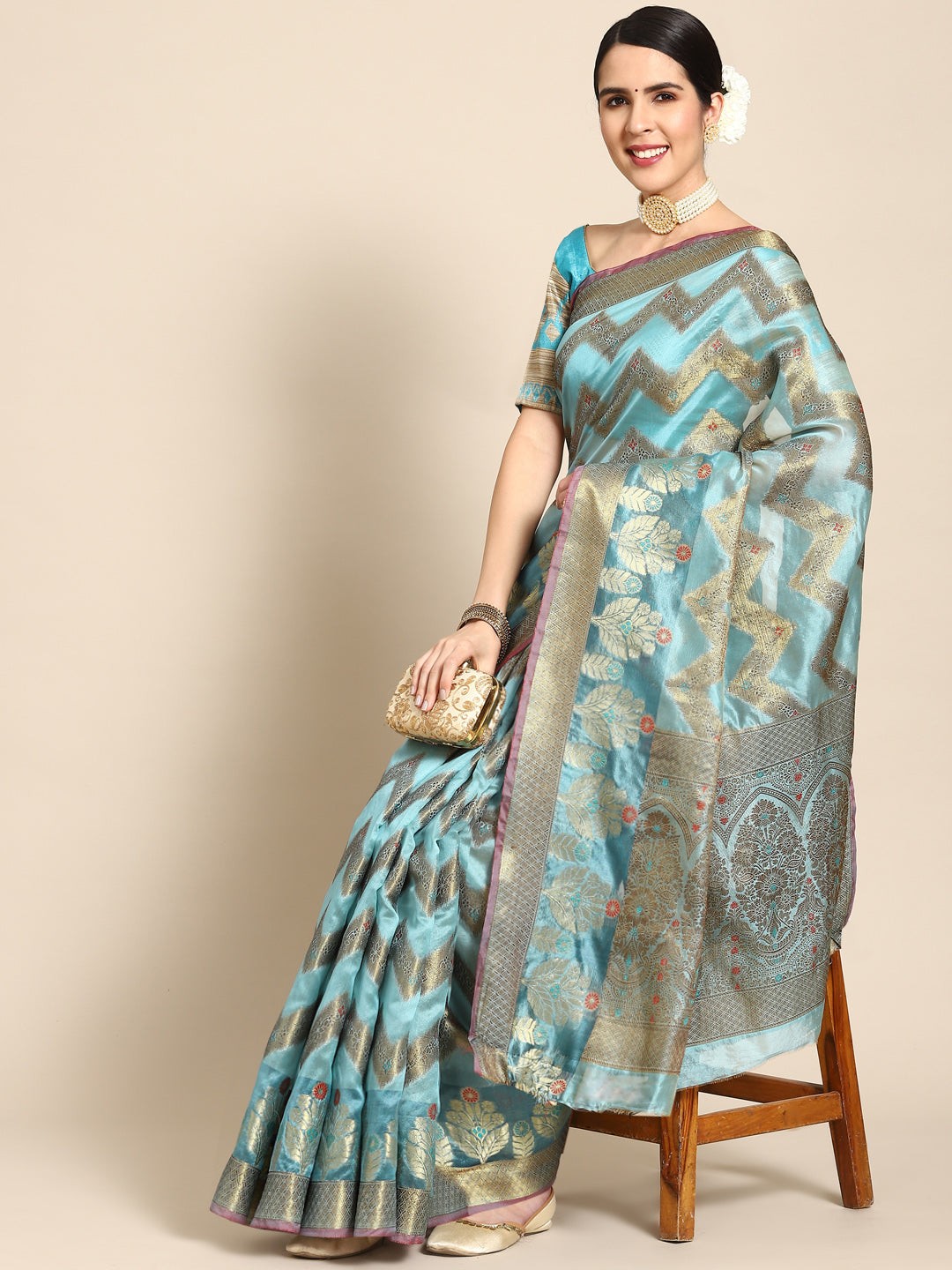 Turquoise Blue Banarasi Chevron Geometric Resham Weave Chanderi Saree