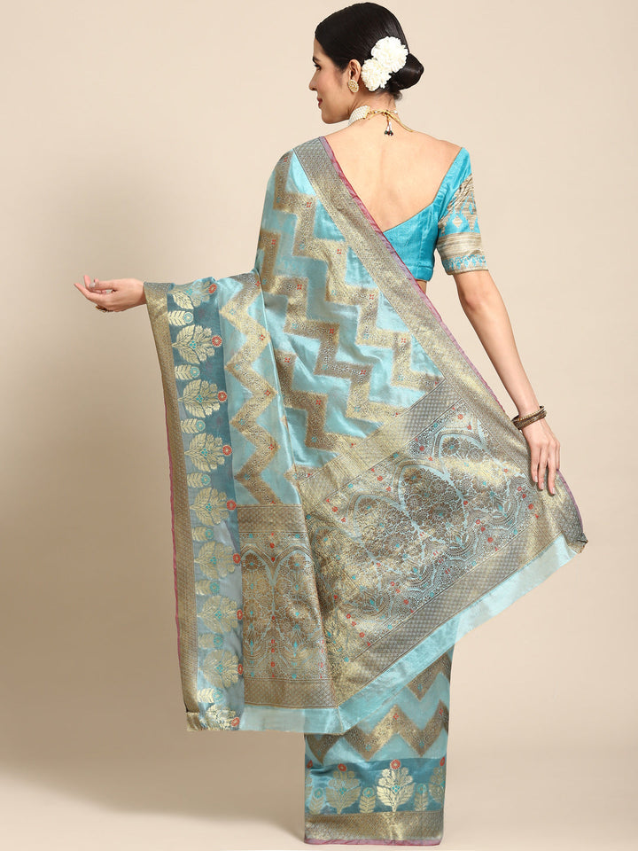Turquoise Blue Banarasi Chevron Geometric Resham Weave Chanderi Saree