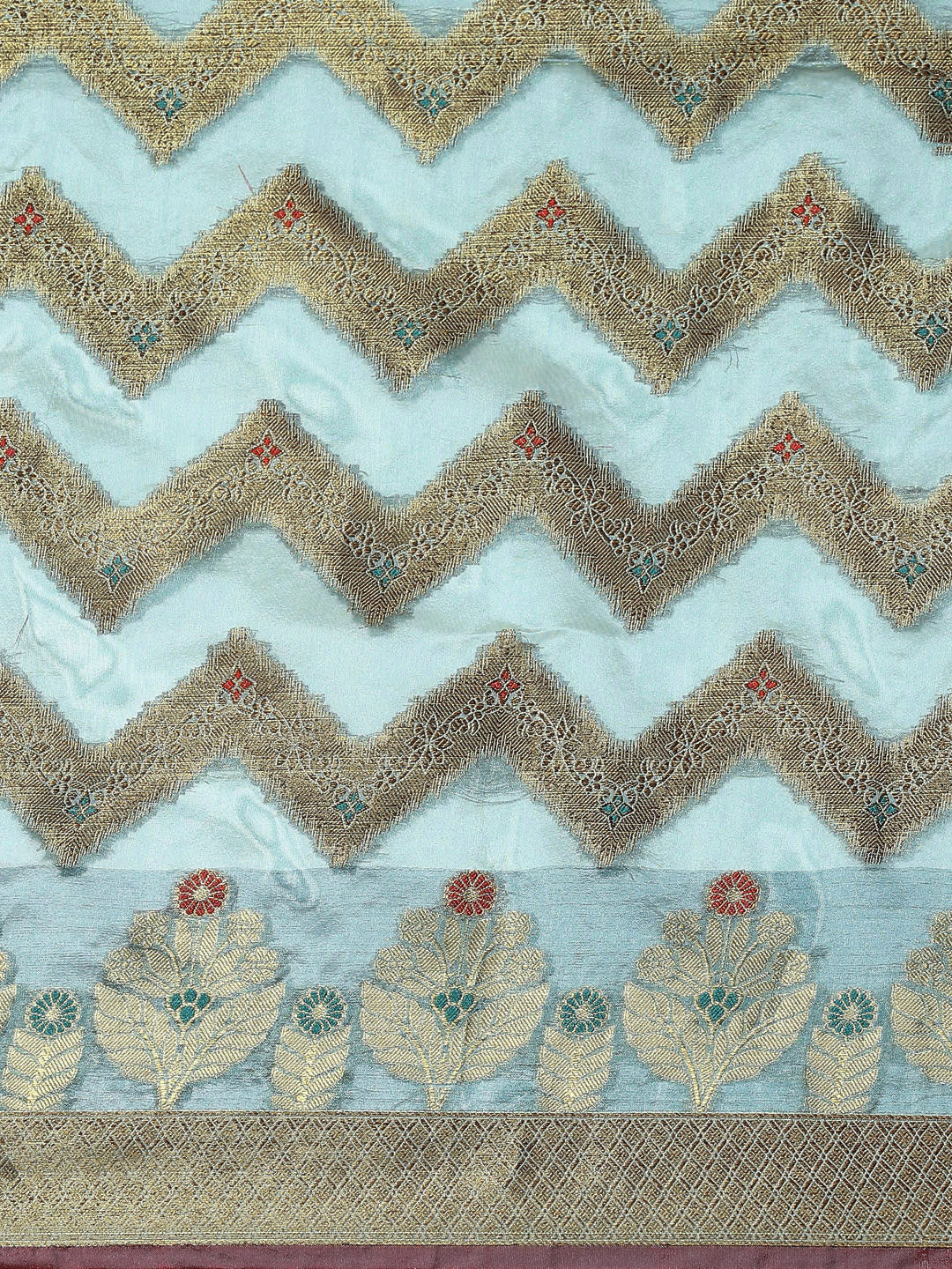 Turquoise Blue Banarasi Chevron Geometric Resham Weave Chanderi Saree