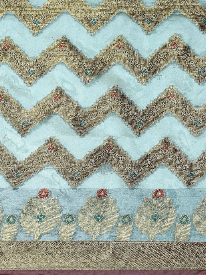 Turquoise Blue Banarasi Chevron Geometric Resham Weave Chanderi Saree