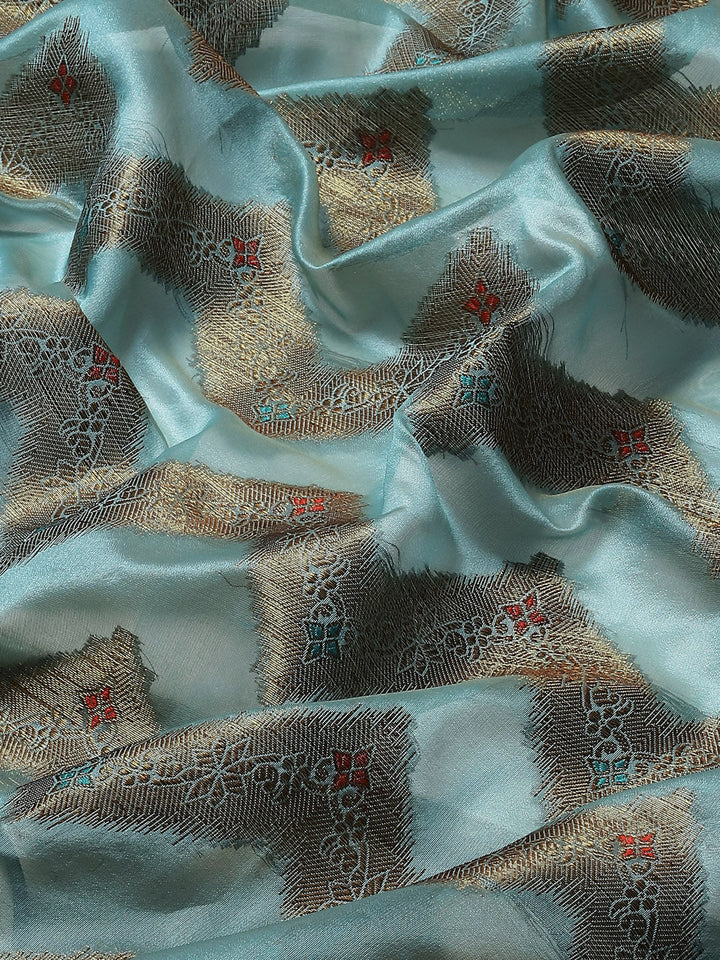 Turquoise Blue Banarasi Chevron Geometric Resham Weave Chanderi Saree