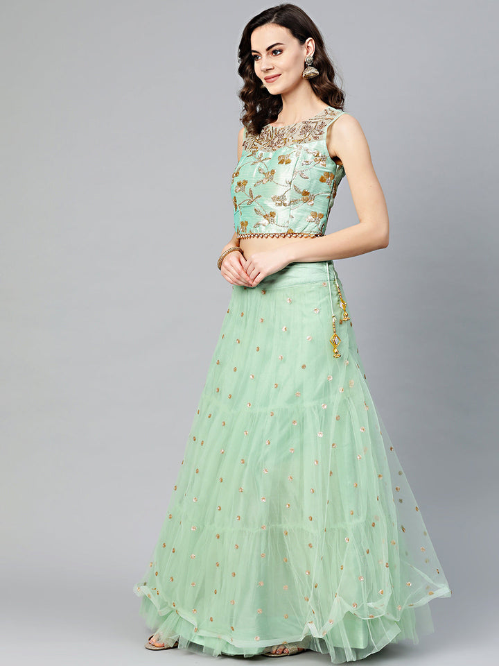 Sequinned Crop Top Lehenga Set with Embroidered dupatta