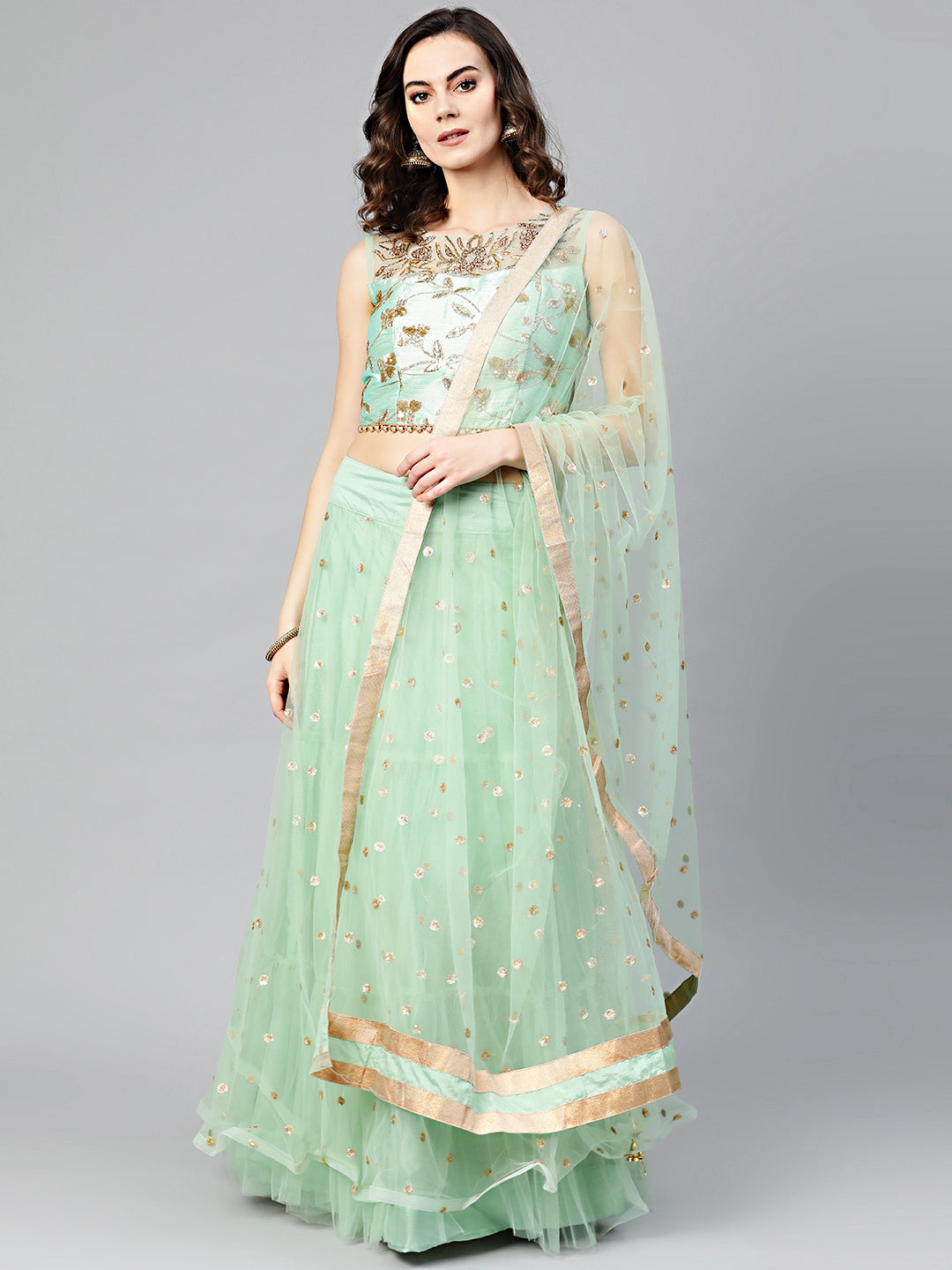 Sequinned Crop Top Lehenga Set with Embroidered dupatta