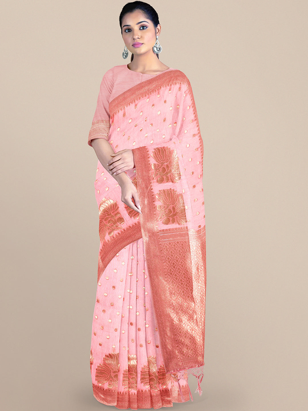 Pink Zari Woven Embroidered Silk Blend Banarasi Saree