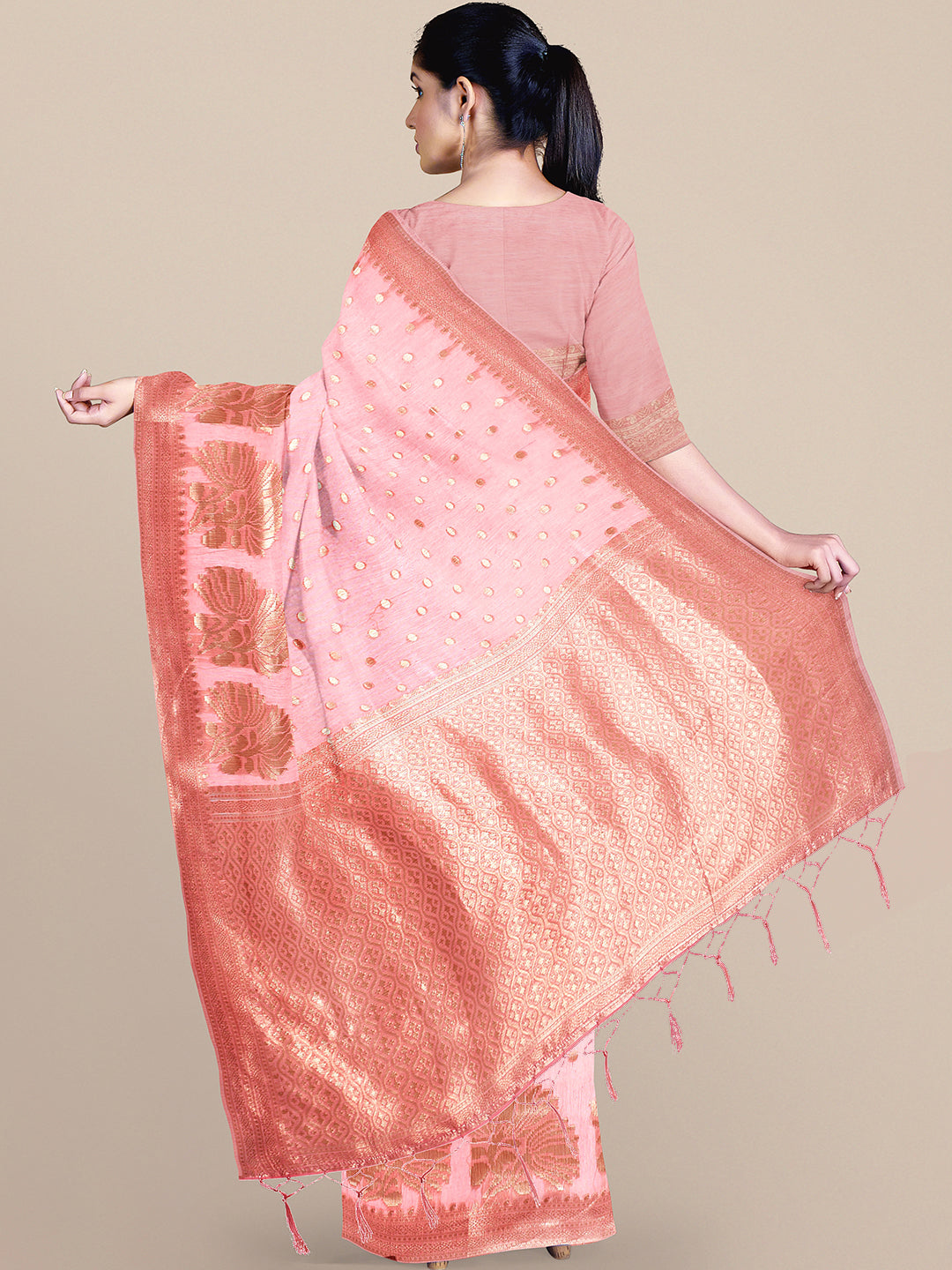 Pink Zari Woven Embroidered Silk Blend Banarasi Saree