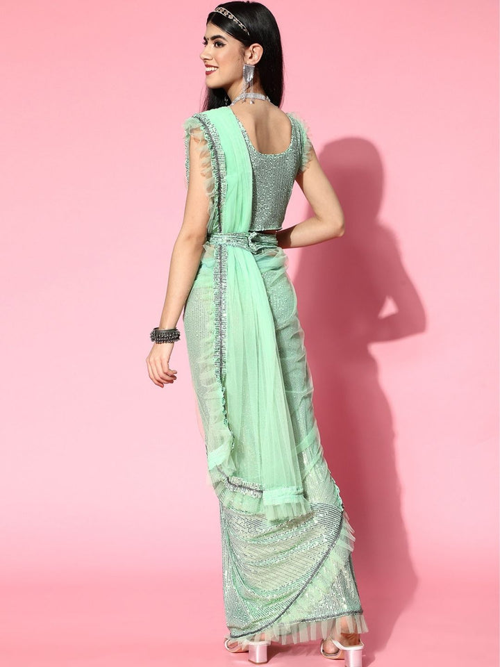 Pre-Draped Frills & Ruffles Sequence Belted Tulle Saree with Pleats