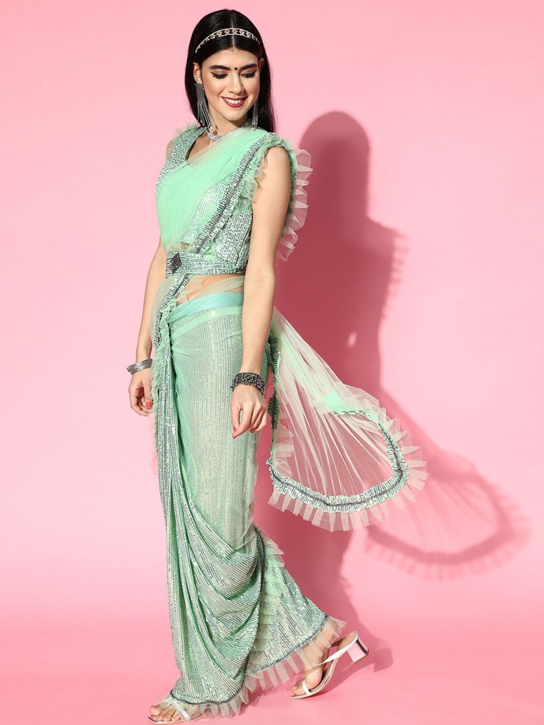 Pre-Draped Frills & Ruffles Sequence Belted Tulle Saree with Pleats
