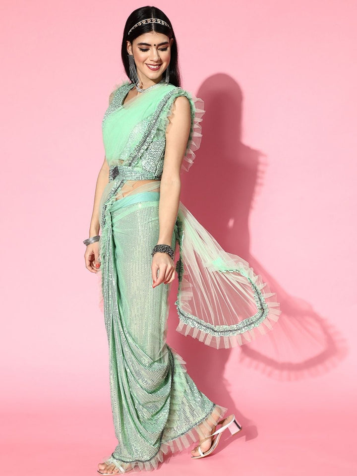 Pre-Draped Frills & Ruffles Sequence Belted Tulle Saree with Pleats