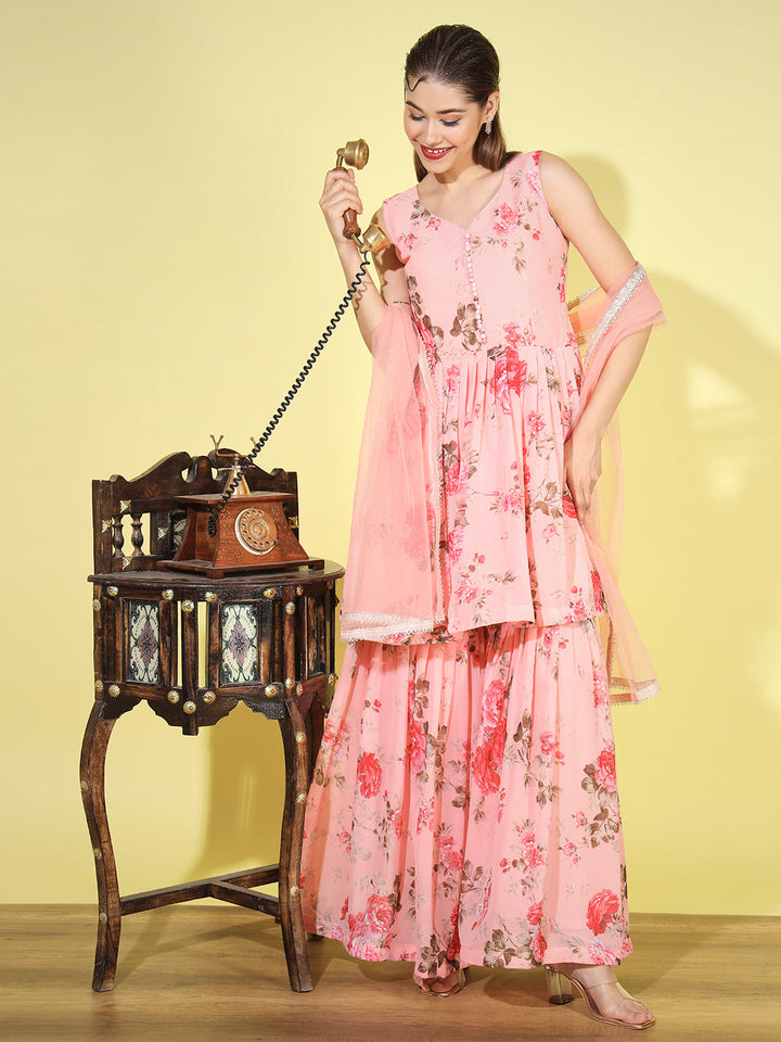 Georgette Peplum Kurta Sharara Set with Digital Printed & Net Dupatta