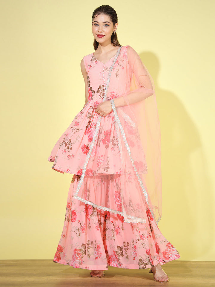 Georgette Peplum Kurta Sharara Set with Digital Printed & Net Dupatta