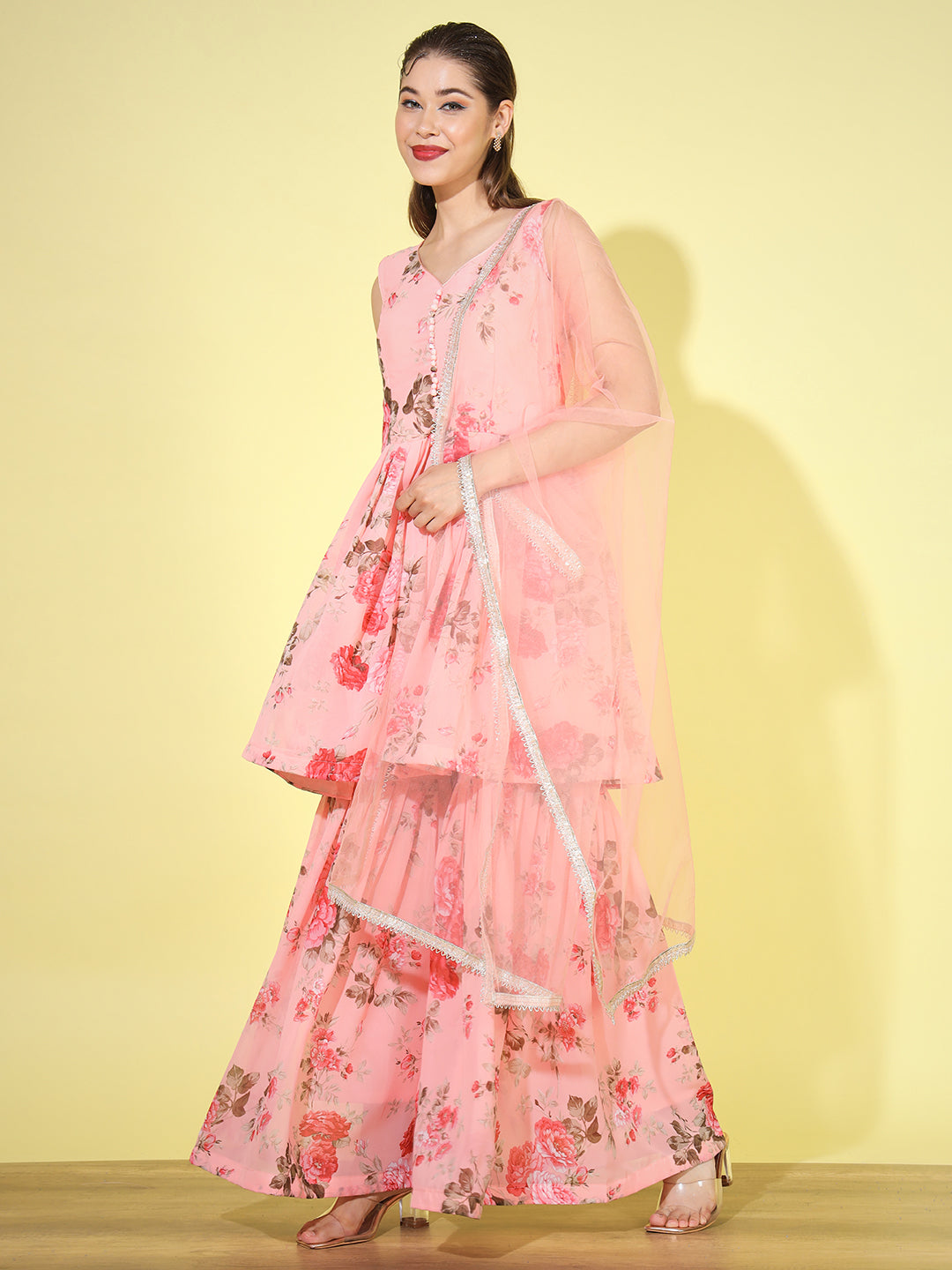 Georgette Peplum Kurta Sharara Set with Digital Printed & Net Dupatta