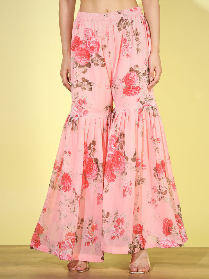 Georgette Peplum Kurta Sharara Set with Digital Printed & Net Dupatta