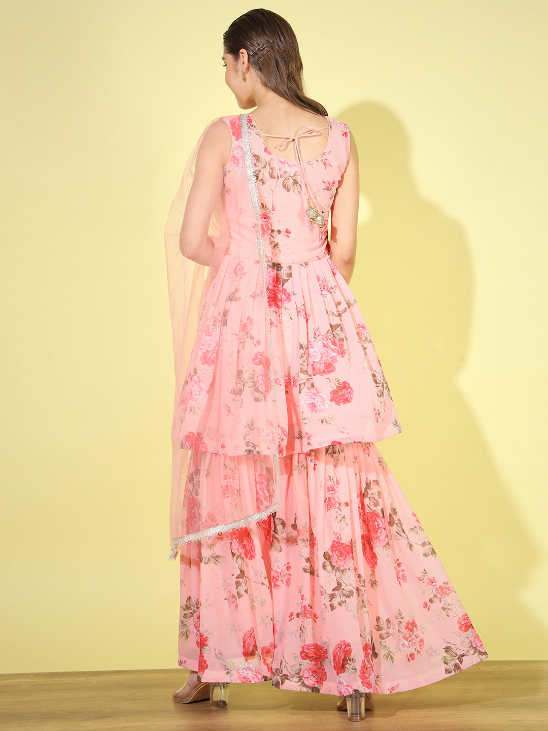 Georgette Peplum Kurta Sharara Set with Digital Printed & Net Dupatta
