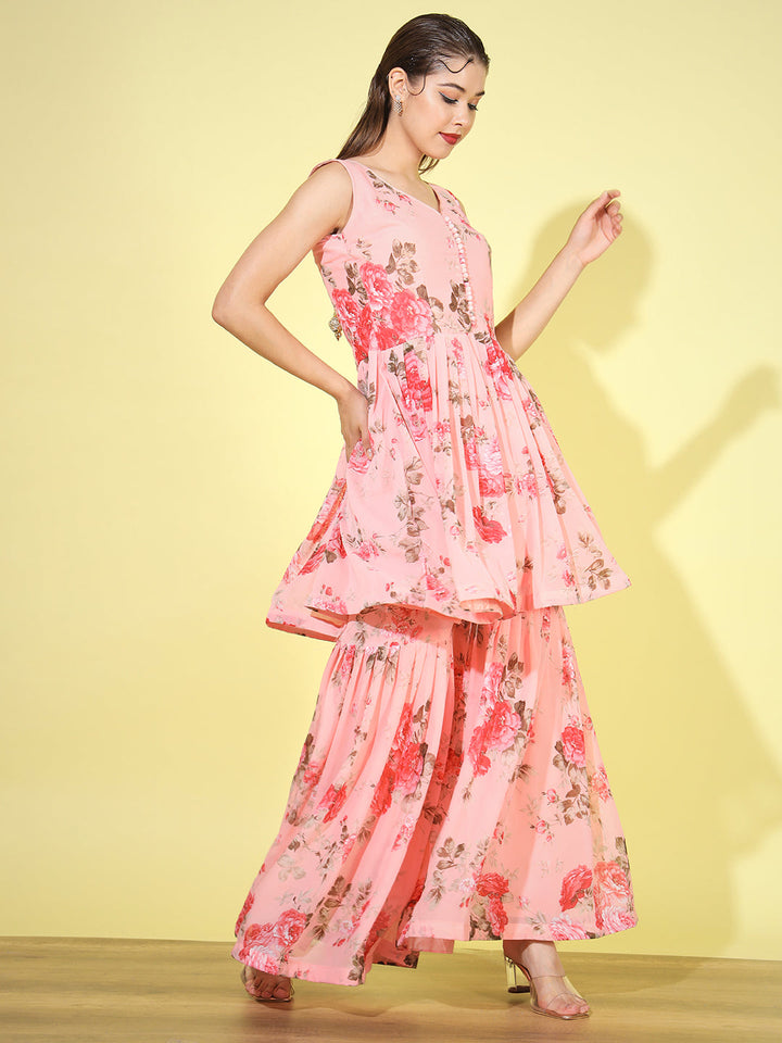 Georgette Peplum Kurta Sharara Set with Digital Printed & Net Dupatta