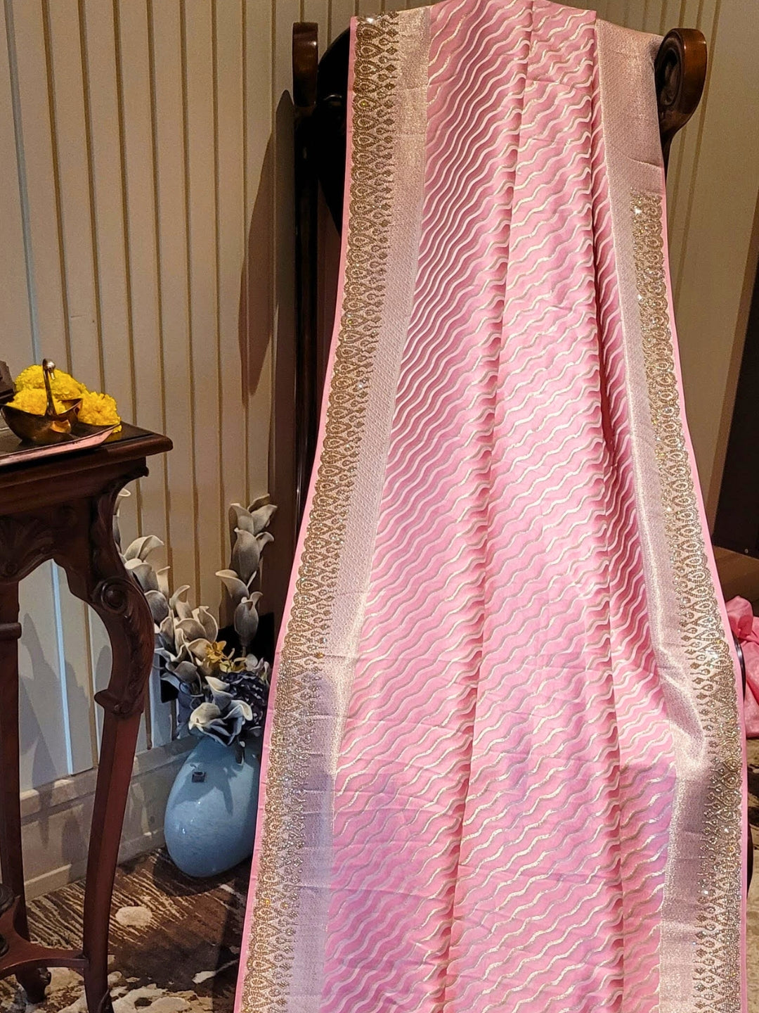 Shimmering Pink Silk Saree with Sequinned Border