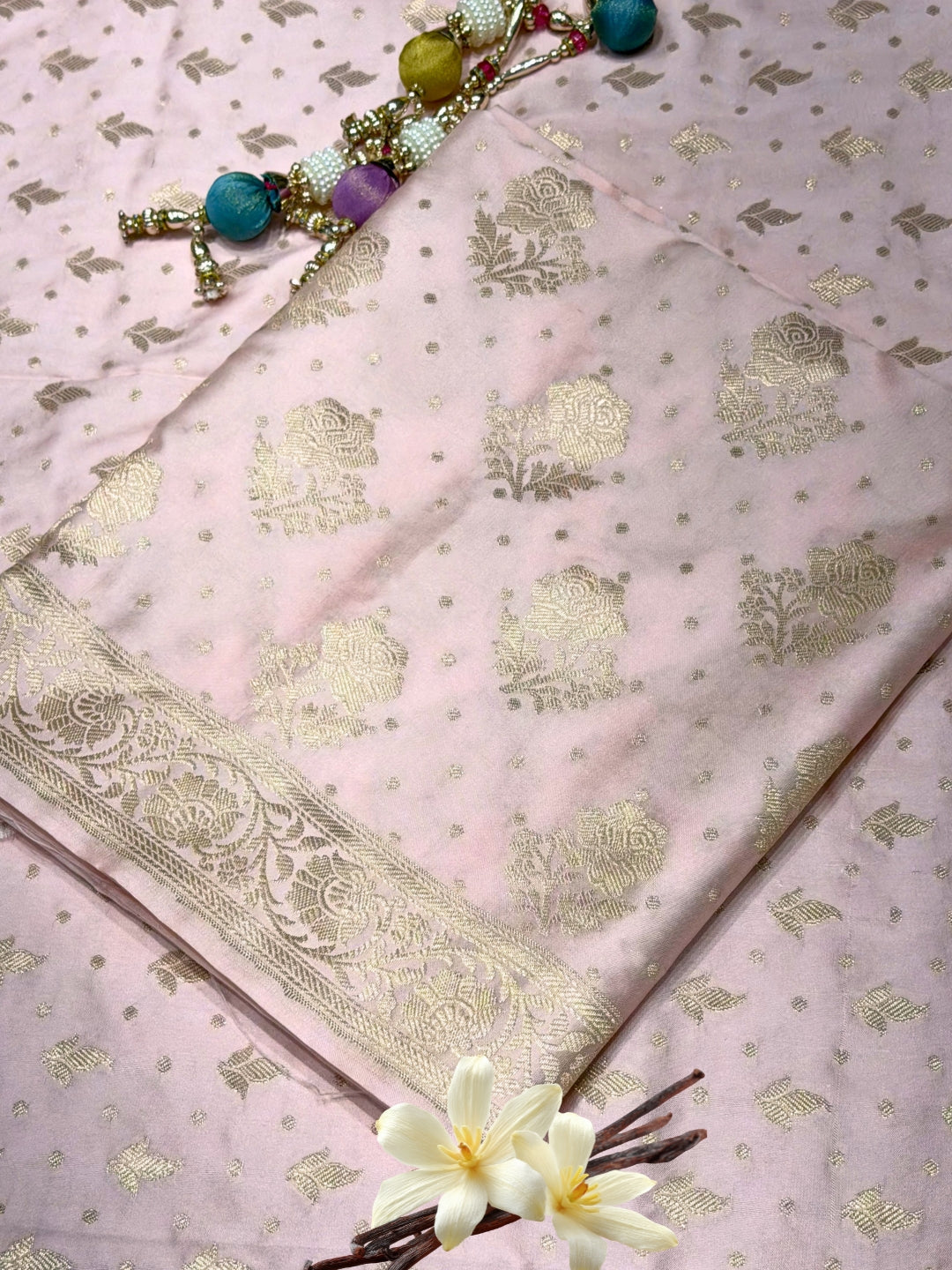 Blush Pink Zari Woven Banarasi Silk Dress Material with Floral Motif Jhalar dupatta