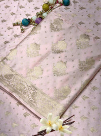 Blush Pink Zari Woven Banarasi Silk Dress Material with Floral Motif Jhalar dupatta