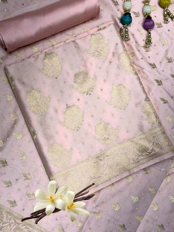 Blush Pink Zari Woven Banarasi Silk Dress Material with Floral Motif Jhalar dupatta