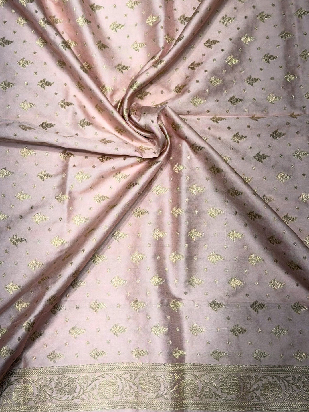 Blush Pink Zari Woven Banarasi Silk Dress Material with Floral Motif Jhalar dupatta