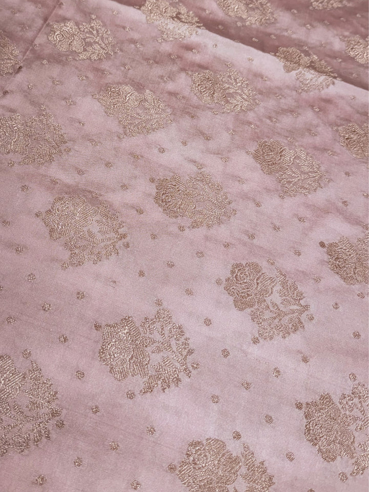 Blush Pink Zari Woven Banarasi Silk Dress Material with Floral Motif Jhalar dupatta