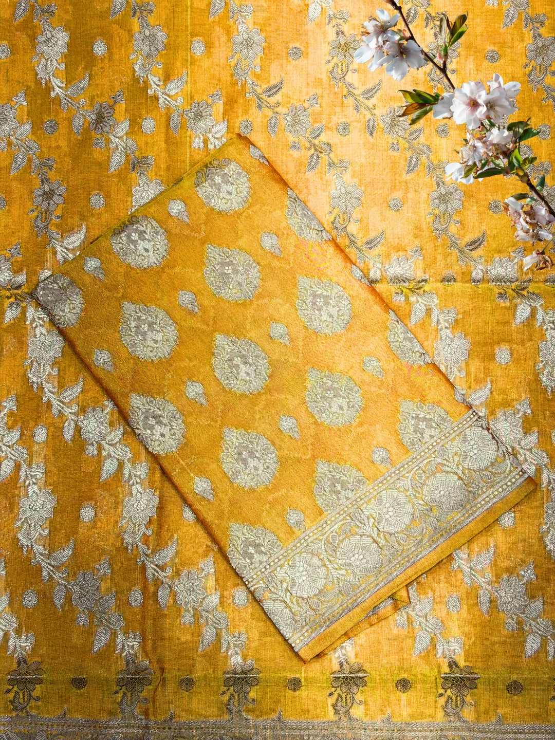 Resham Woven Banarasi Silk Salwar Suit Material with Floral Leheriya Pattern