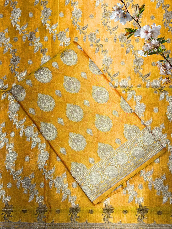 Resham Woven Banarasi Silk Salwar Suit Material with Floral Leheriya Pattern
