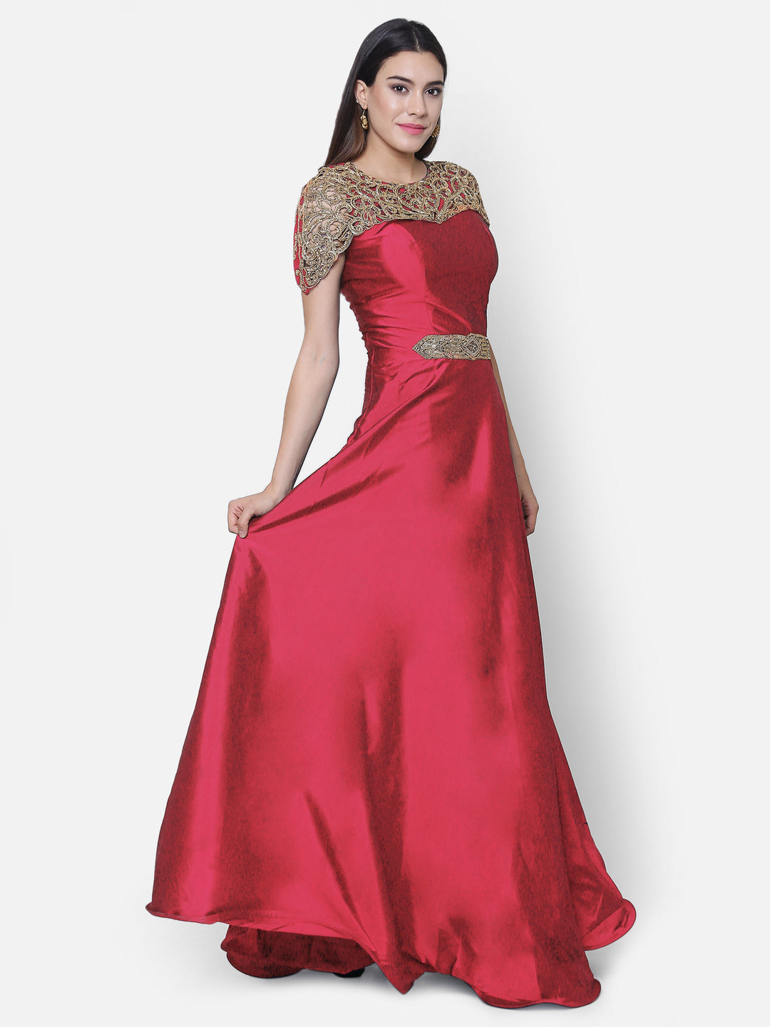 Made-to-Measure Red Art Silk Embellished Floor Length Cocktail Gown