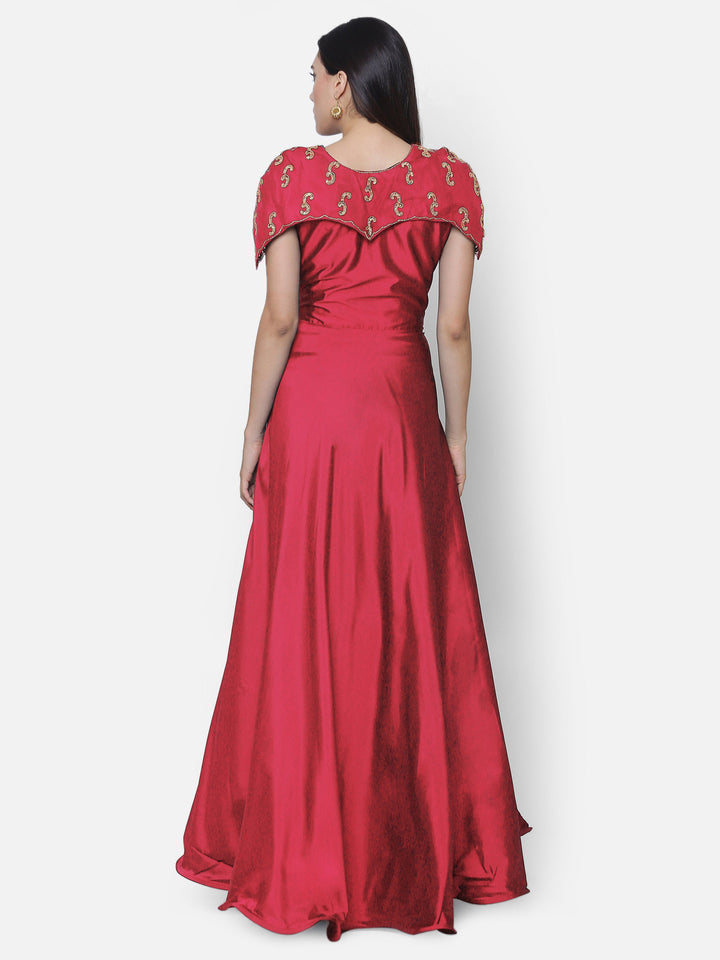 Made-to-Measure Red Art Silk Embellished Floor Length Cocktail Gown