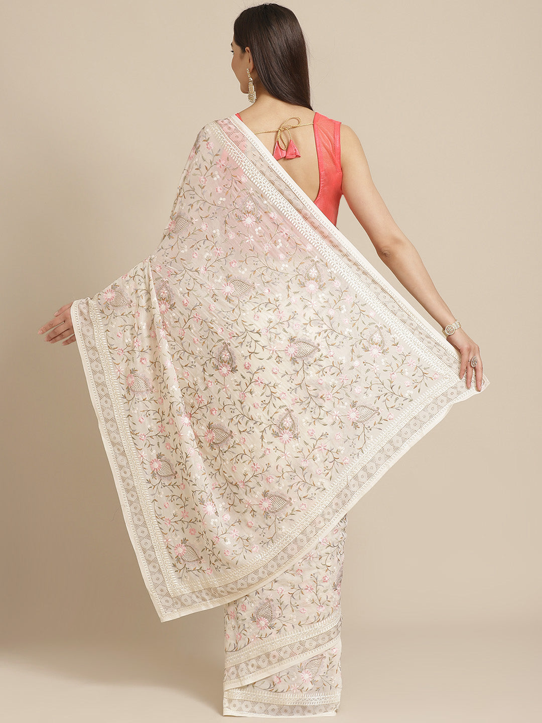 Pastel Georgette Saree With Multicolor Resham Embroidered Floral Jaal & Swarovski Crystal Border