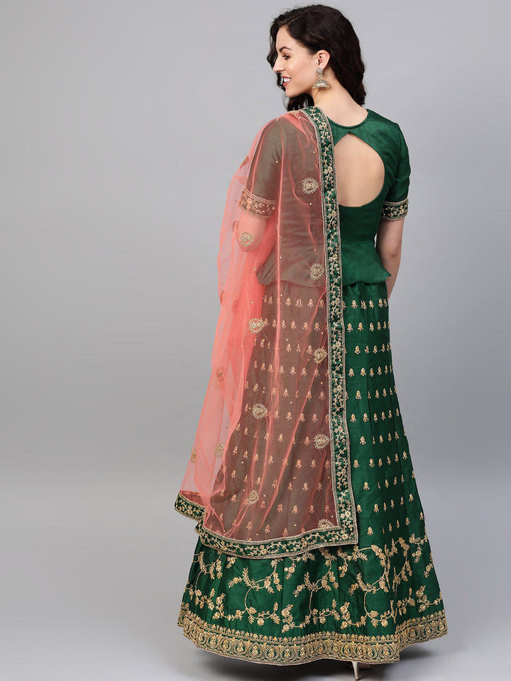 Zari and Aari Embroidered Semi-stitched Silk Lehenga