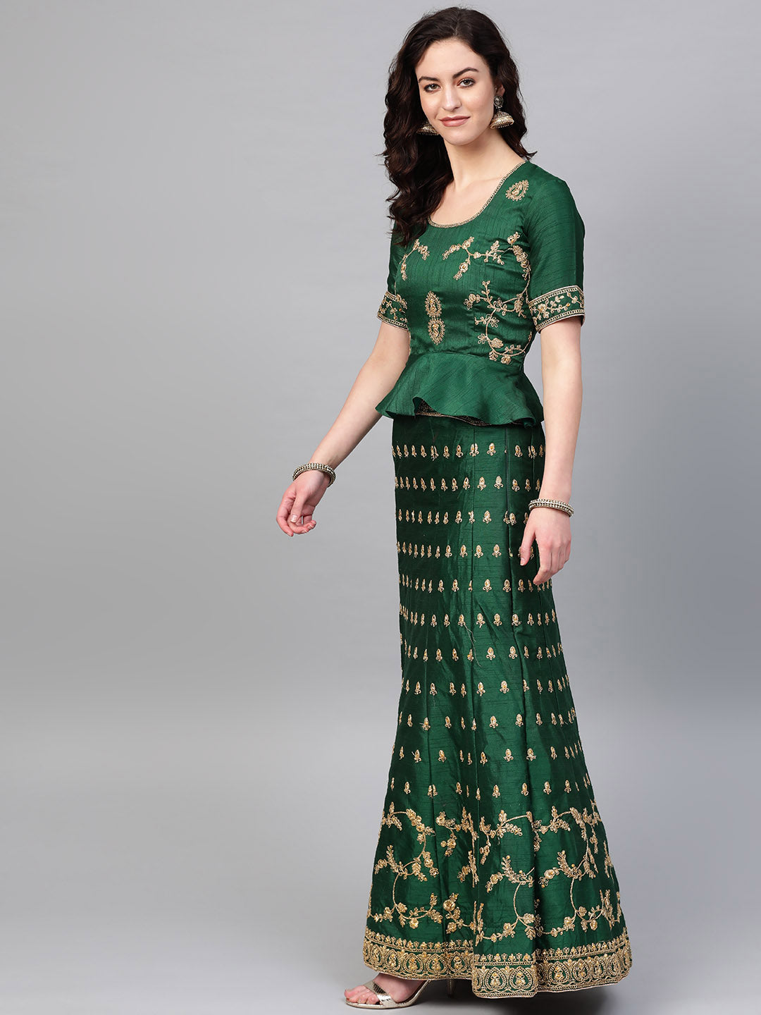 Zari and Aari Embroidered Semi-stitched Silk Lehenga
