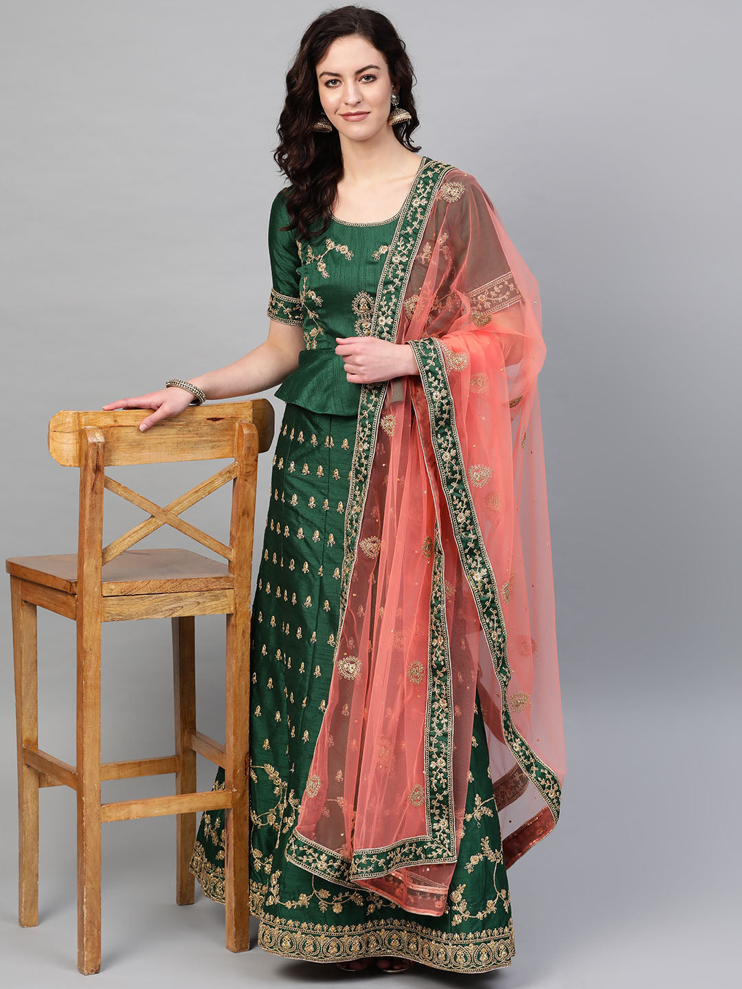 Zari and Aari Embroidered Semi-stitched Silk Lehenga