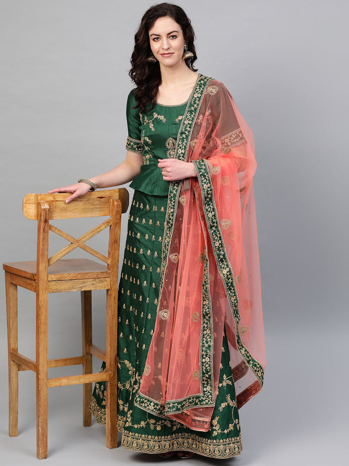 Zari and Aari Embroidered Semi-stitched Silk Lehenga