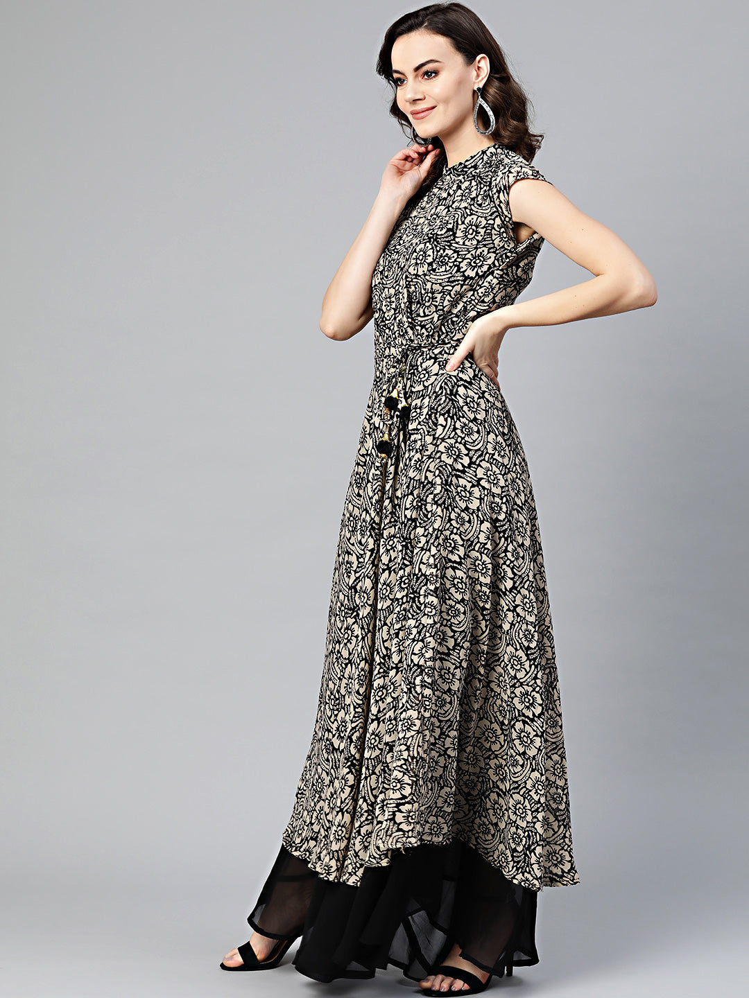 Printed Kurta Dress with tassled belt and tropical print