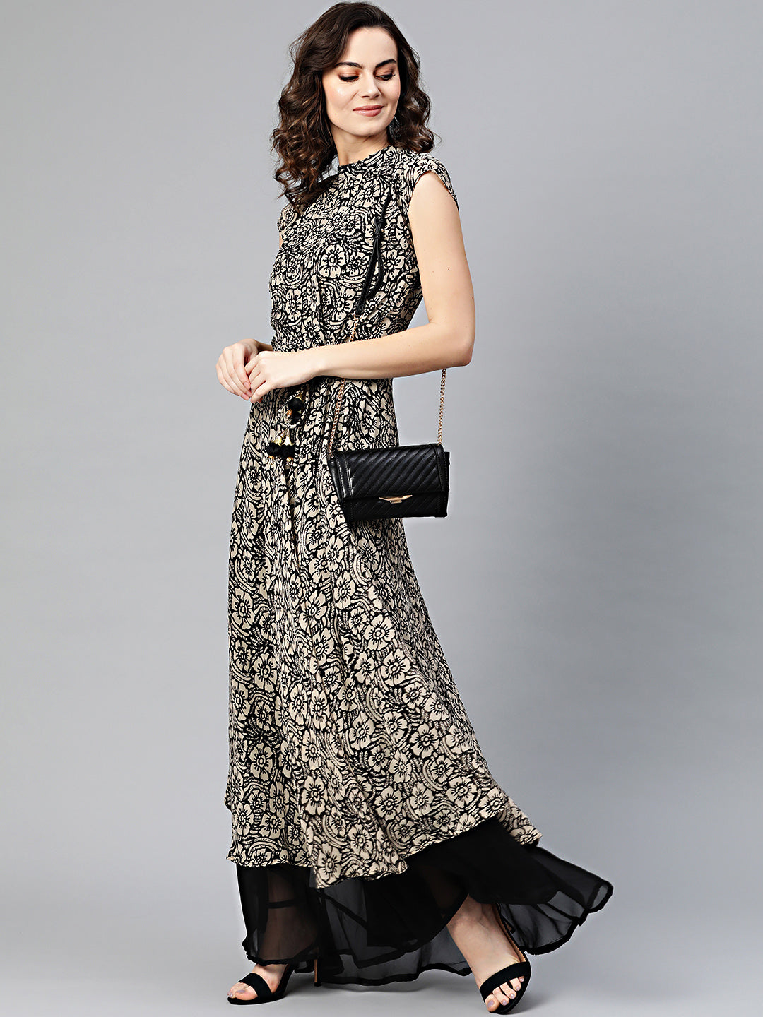 Printed Kurta Dress with tassled belt and tropical print