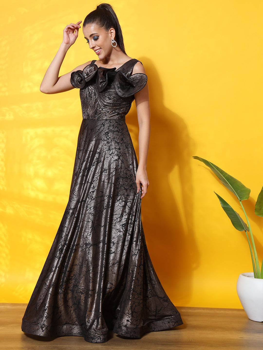 Textured Flowy Cocktail Gown with Structured Ruffled Yoke