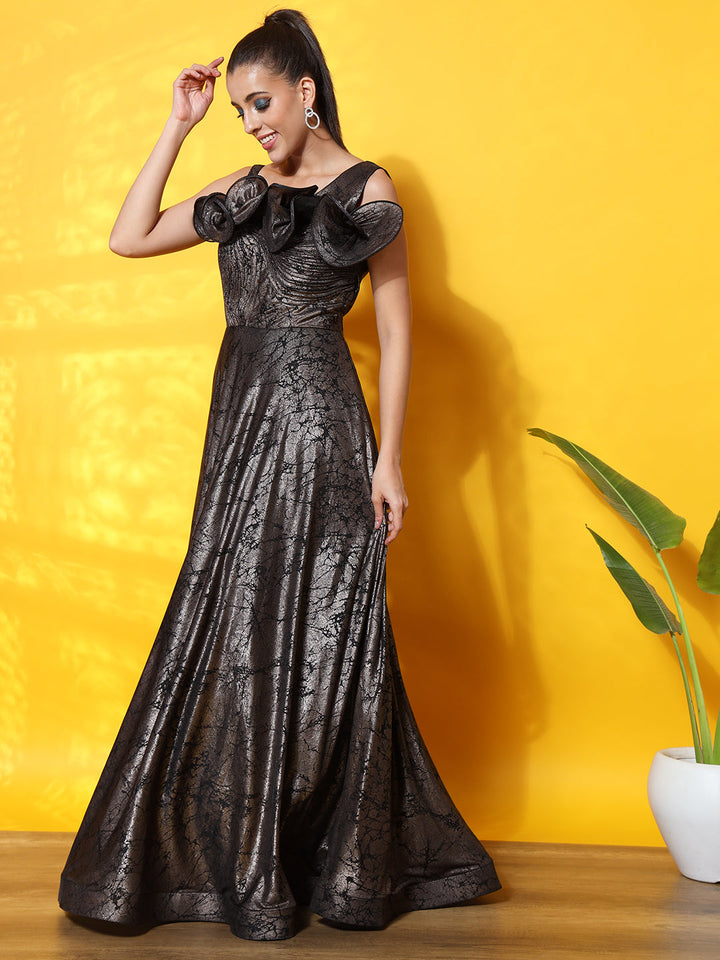 Textured Flowy Cocktail Gown with Structured Ruffled Yoke